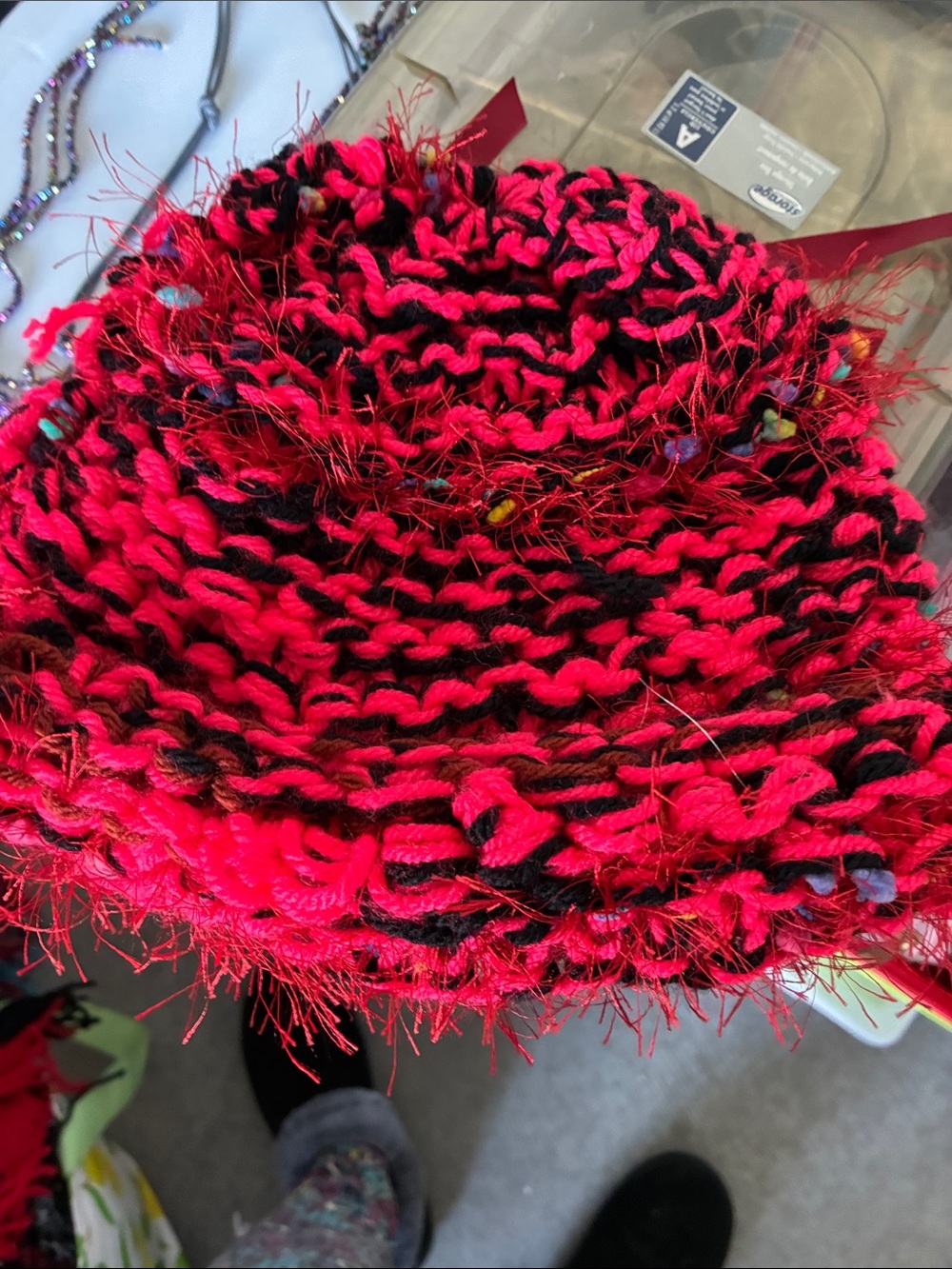 Hand-Knit Red and Black Women's Beanie